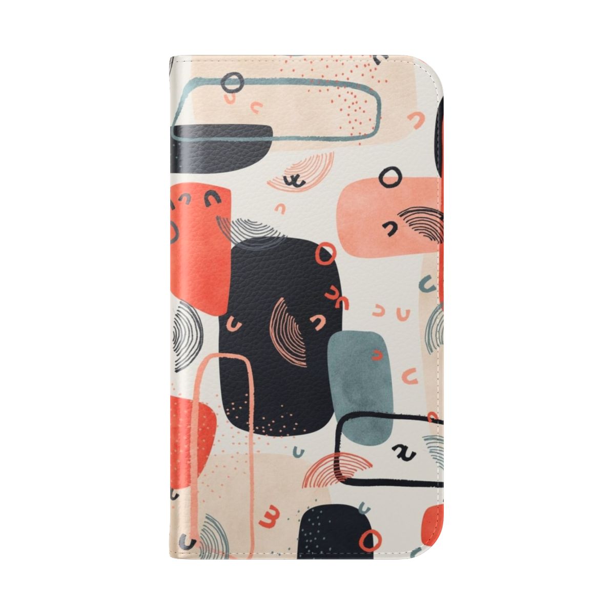 Versa Flip Cover Phone Case featuring an abstract, minimalist design with shapes, lines, and watercolor-inspired patterns in red, pink, and blue tones. - Folded Back