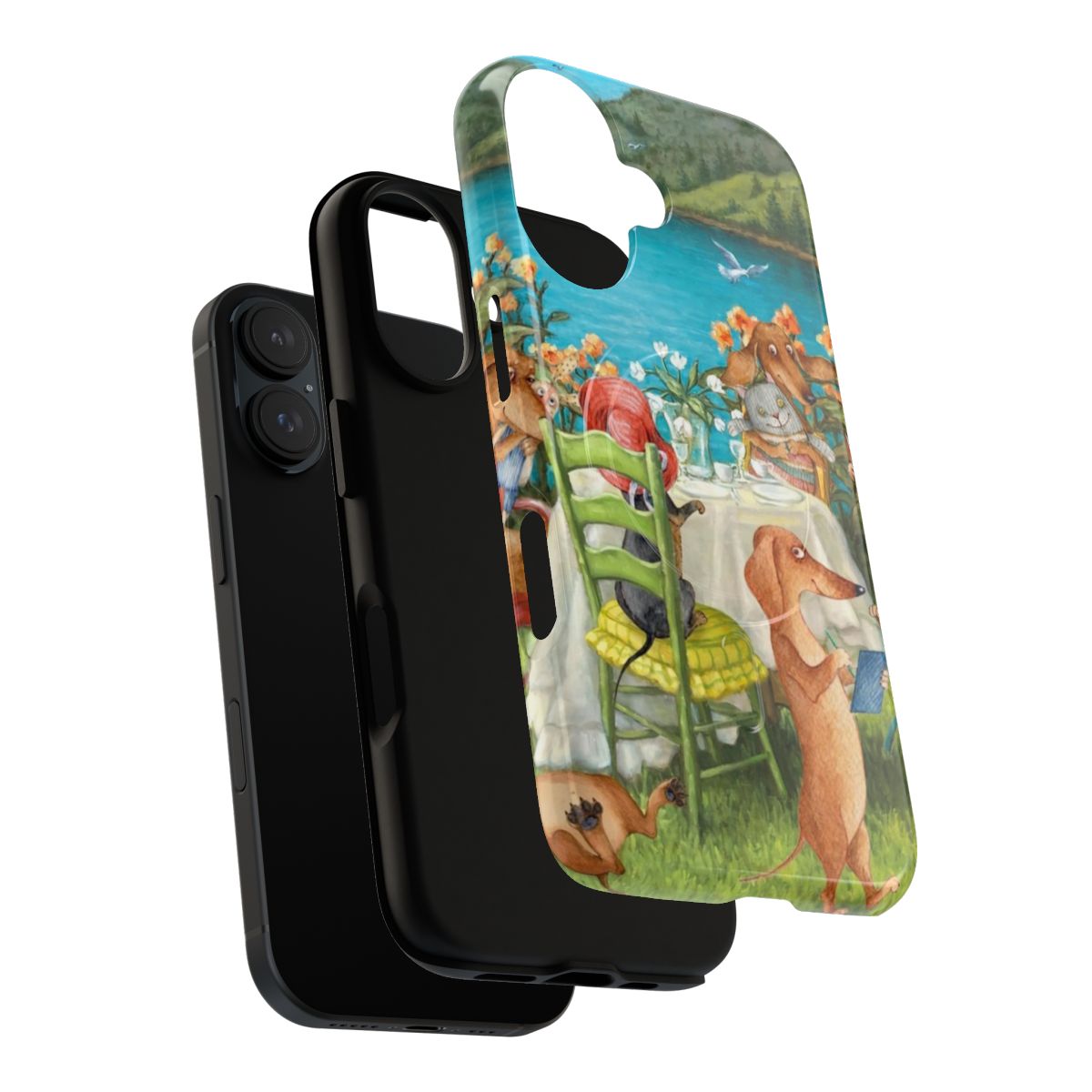 A durable phone case featuring a playful illustration of dachshund dogs playing near a lake. - Layers