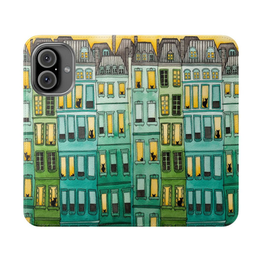 Flip cover phone case featuring a watercolor illustration of cats in green townhouses