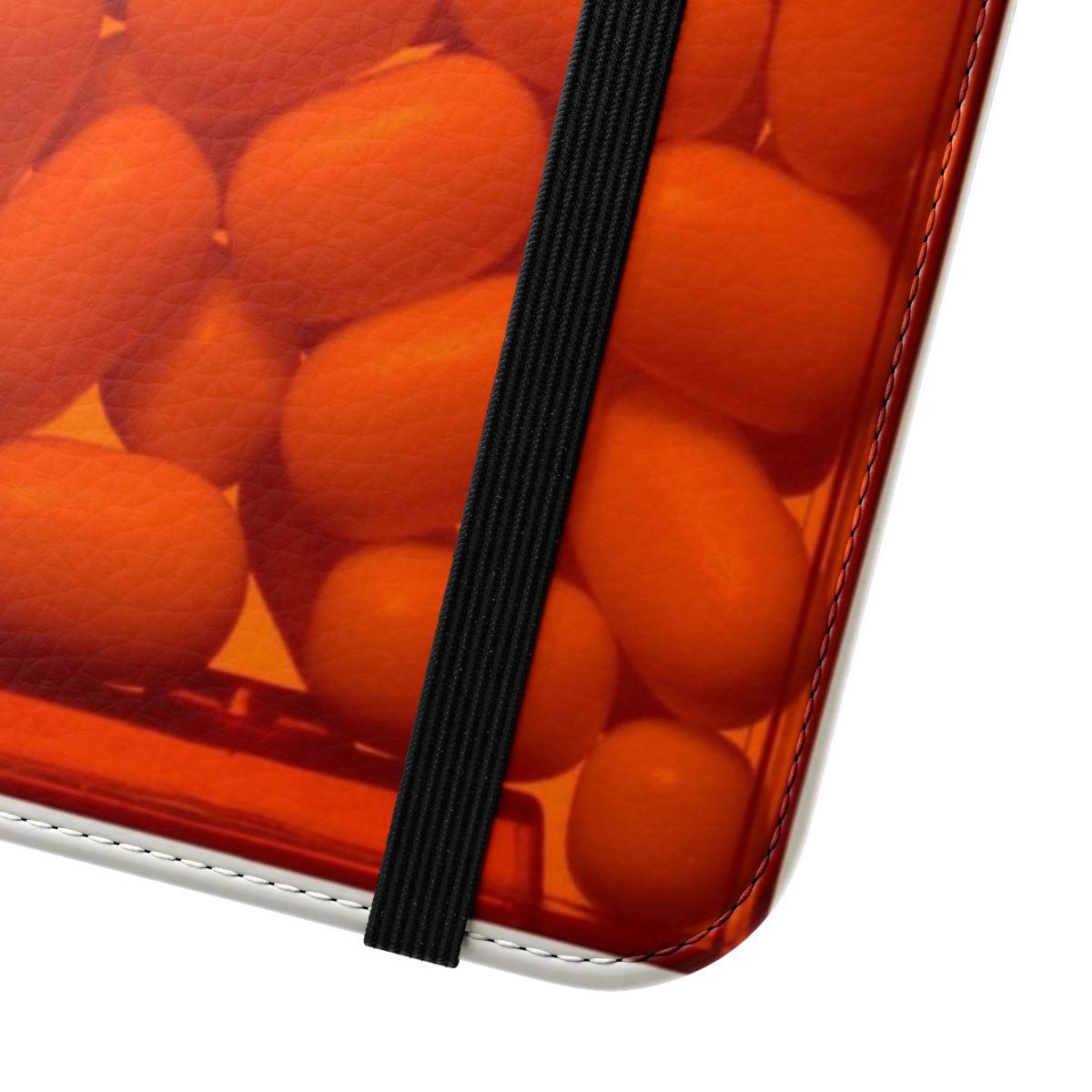 Vibrant orange phone case with a tic tac inspired design - Close Up