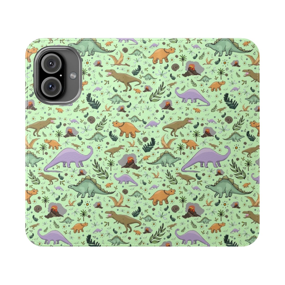 A colorful flip cover phone case featuring a playful dinosaur pattern in shades of green.