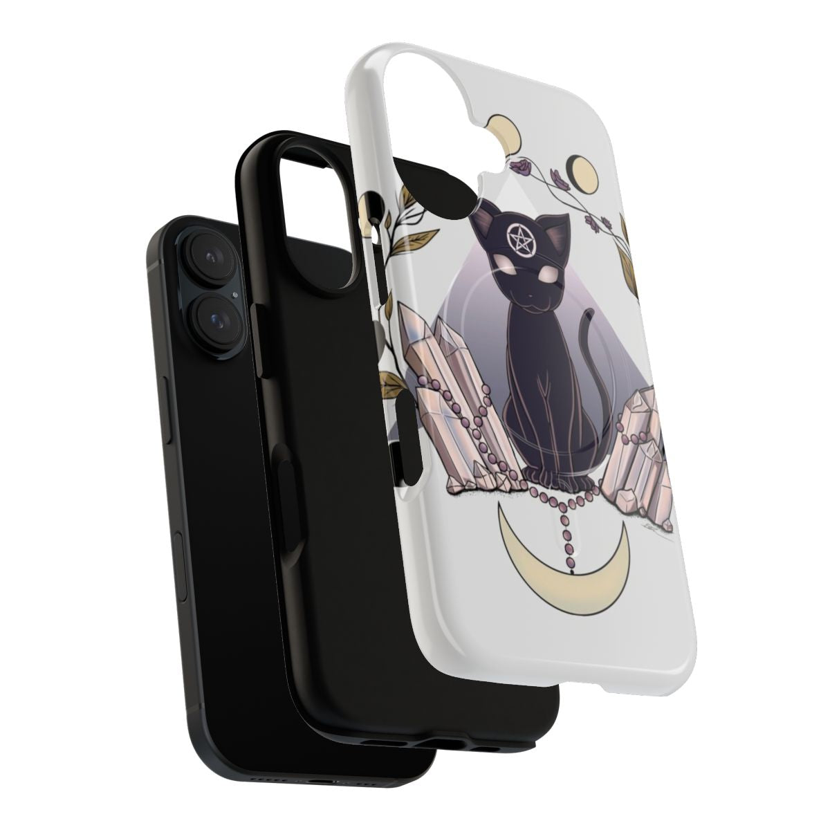 A stylish phone case featuring a black cat silhouette against a full moon, surrounded by mystic symbols and elements. - Layers