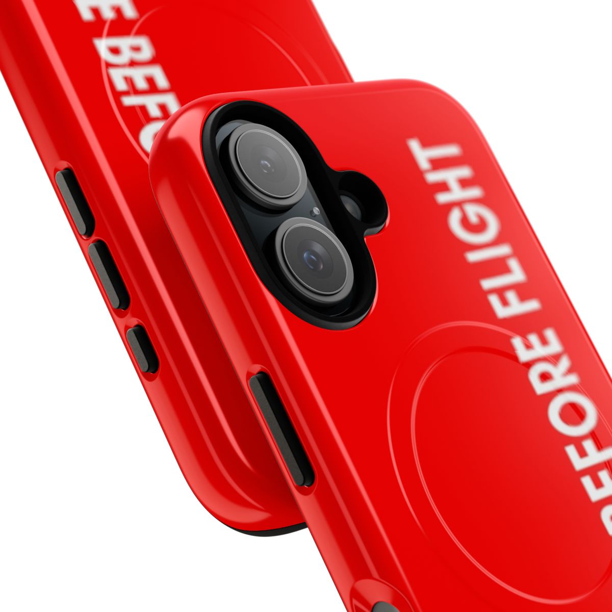 Tough magnetic phone case with "Remove Before Flight" design - Detail