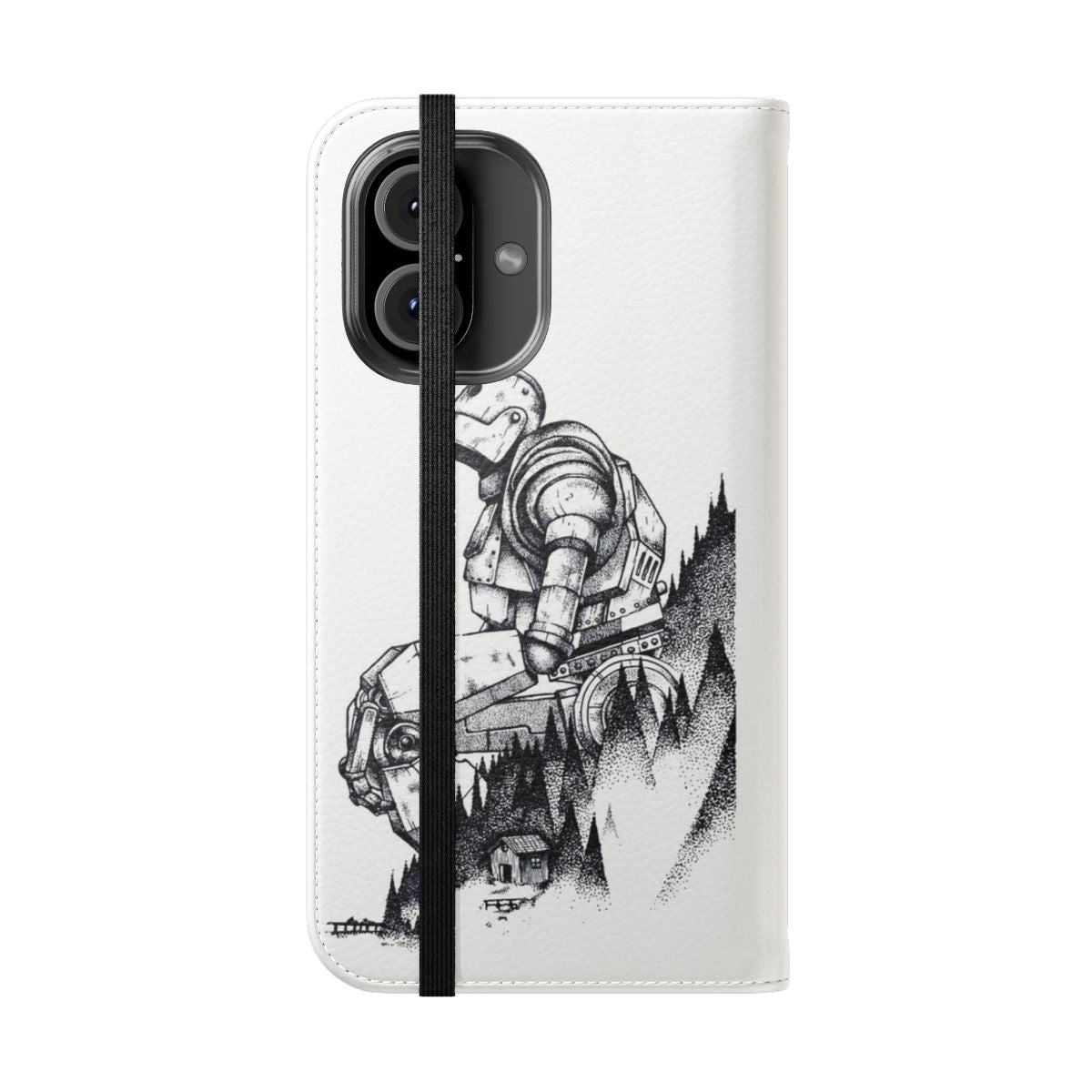 Flip cover phone case featuring a stylized illustration of the Iron Giant character from the classic Warner Bros. animated film. - Folded Front