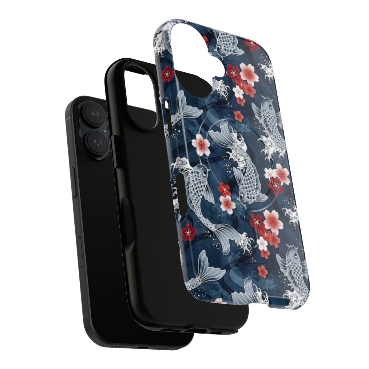 Magnetic tough phone case featuring a watercolor design of blue koi fish and sakura blossoms - Layers