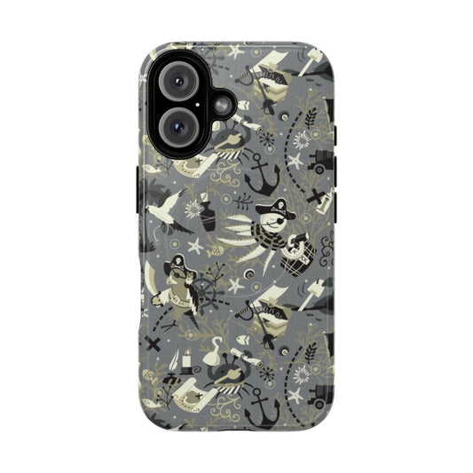 Treasure hunt-themed magnetic tough phone case with black and white design featuring pirate elements like map, sword, and sea life