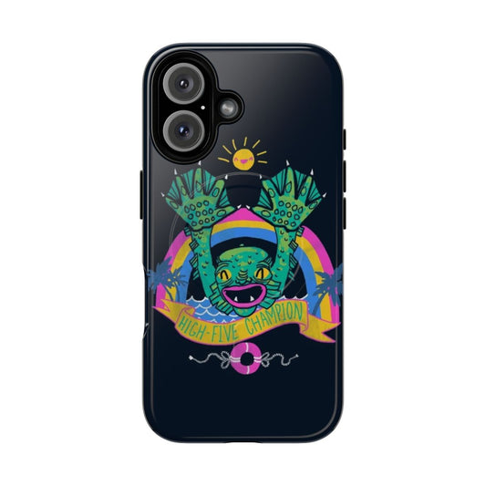 Magnetic tough phone case with colorful monster creature high-five design