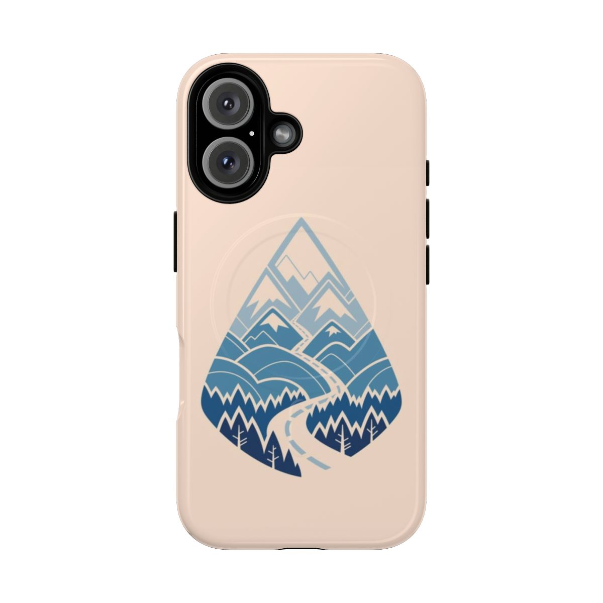 A winter-themed magnetic tough phone case featuring a scenic landscape with mountains, forests, and a winding road.