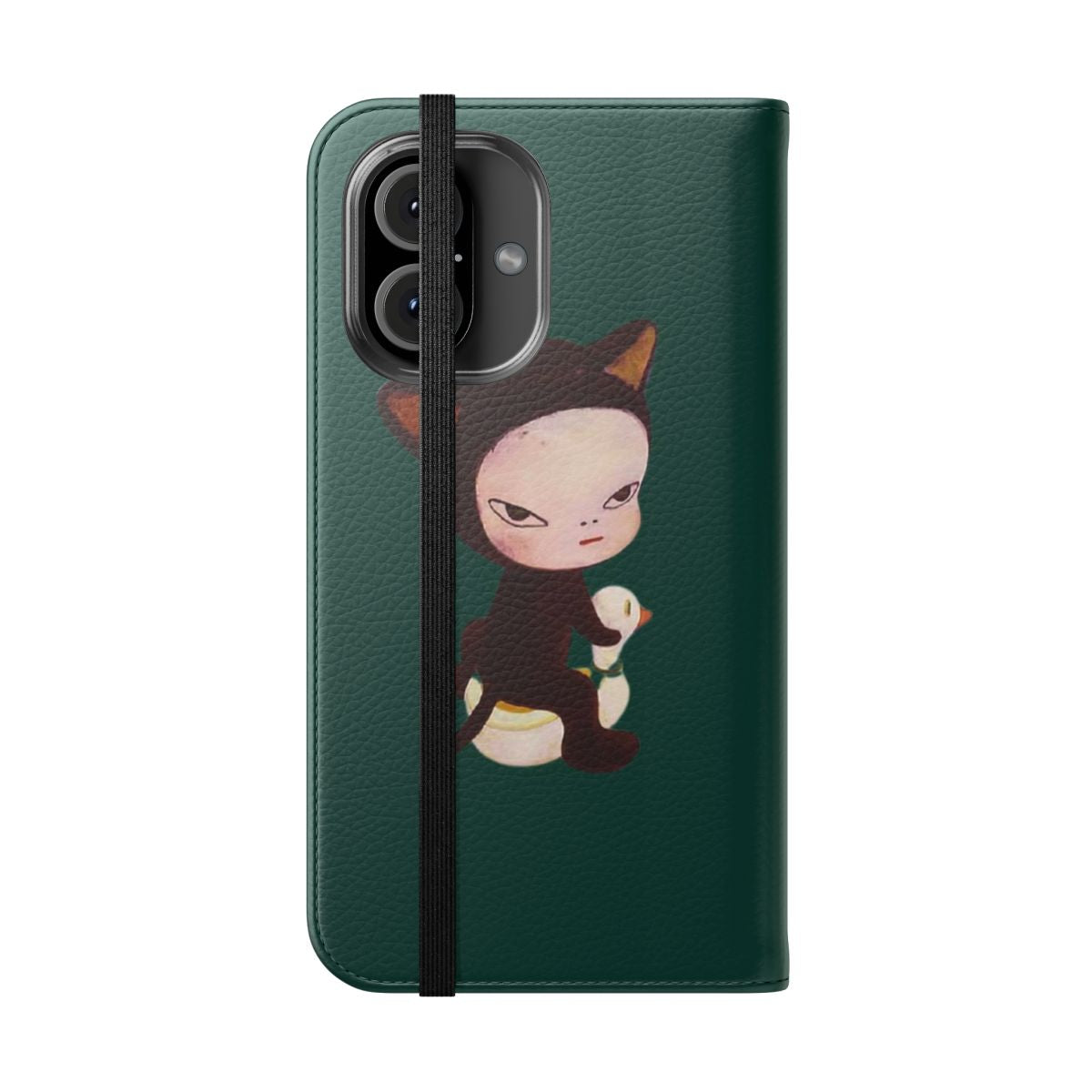 Flip cover phone case showcasing the vibrant and whimsical artwork of renowned Japanese artist Yoshitomo Nara. - Folded Front