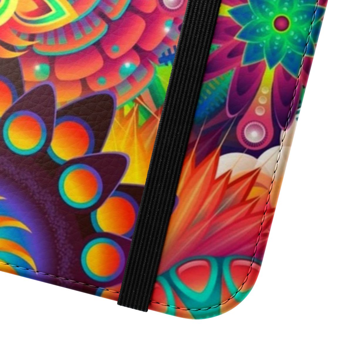 Vibrant floral design phone case with a mandala pattern in various colors - Close Up