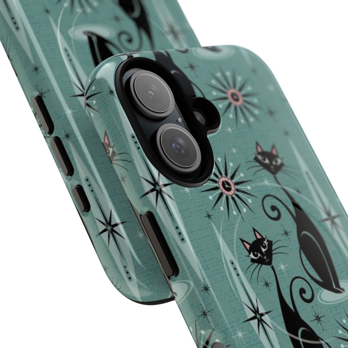 A phone case featuring a mid century modern design with black cats and atomic starburst patterns. - Detail