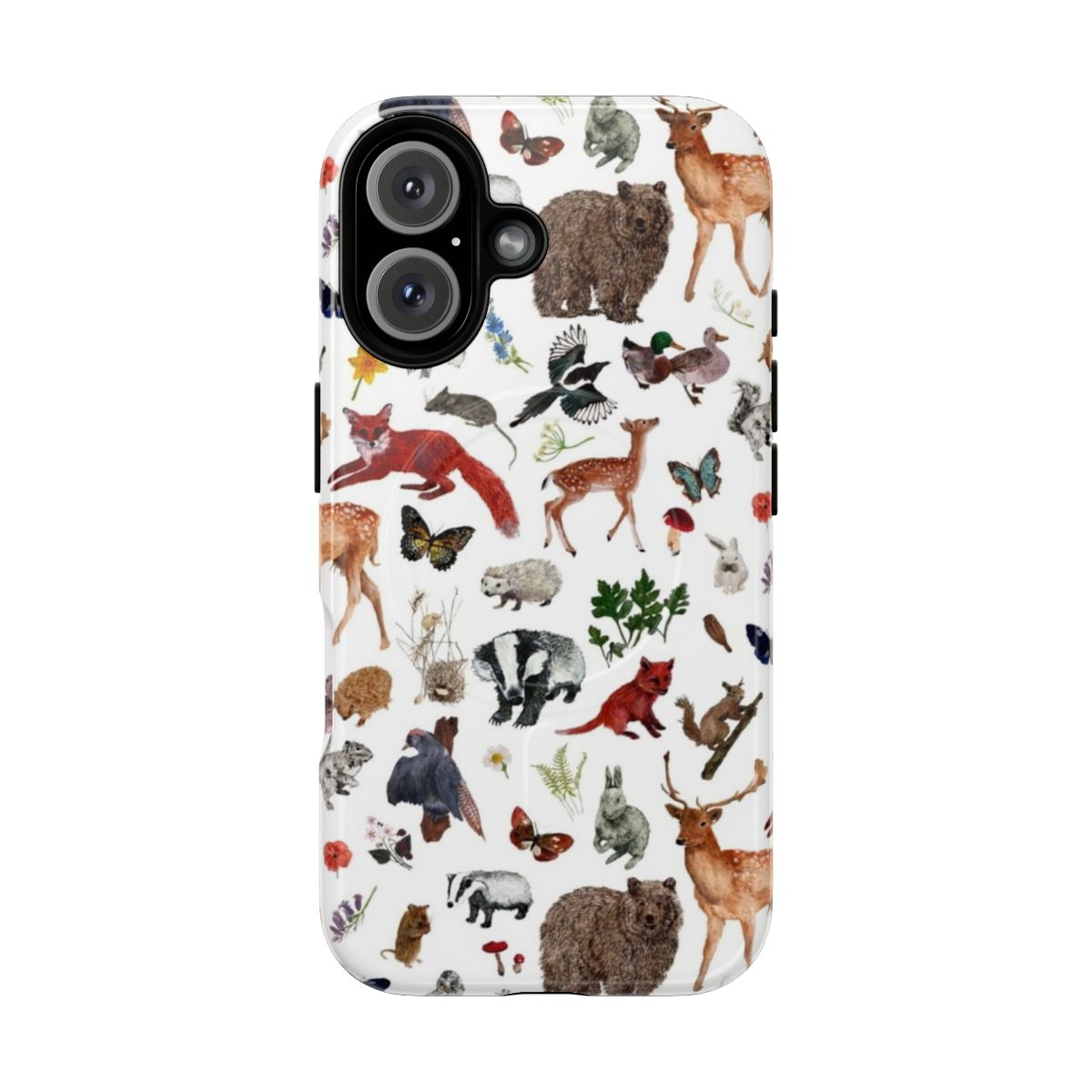 Magnetic phone cases featuring a variety of woodland animals like bears, foxes, deer, and more.