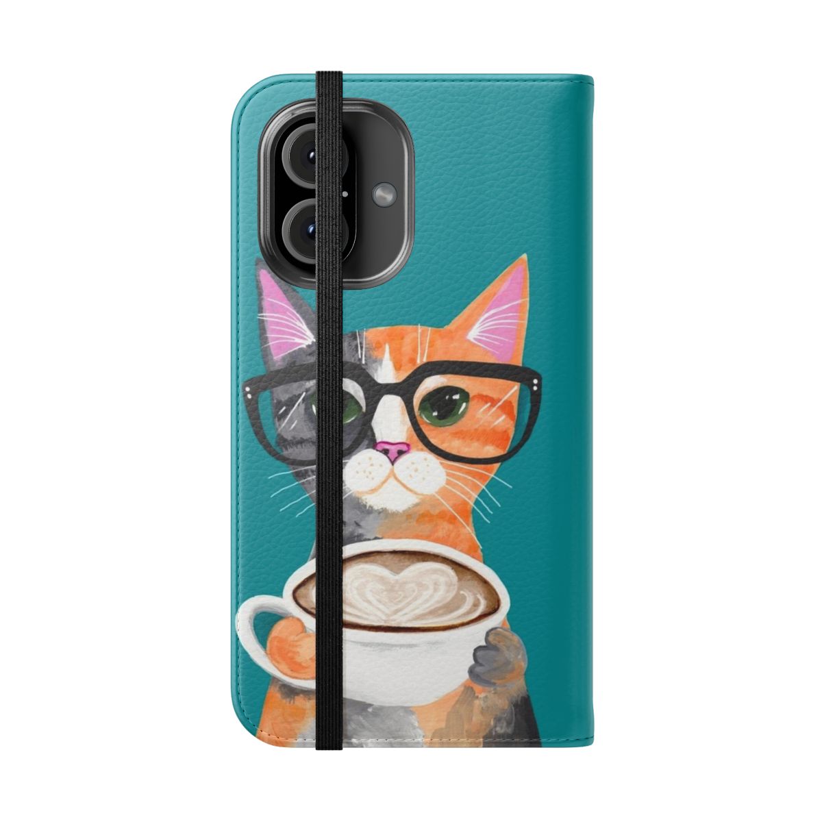 A whimsical flip phone case featuring a calico kitten painted in latte art style. - Folded Front