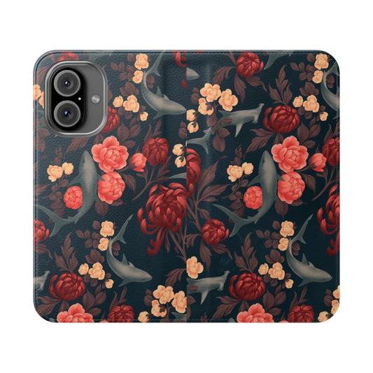 Botanical shark-patterned flip phone case with floral and vintage elements