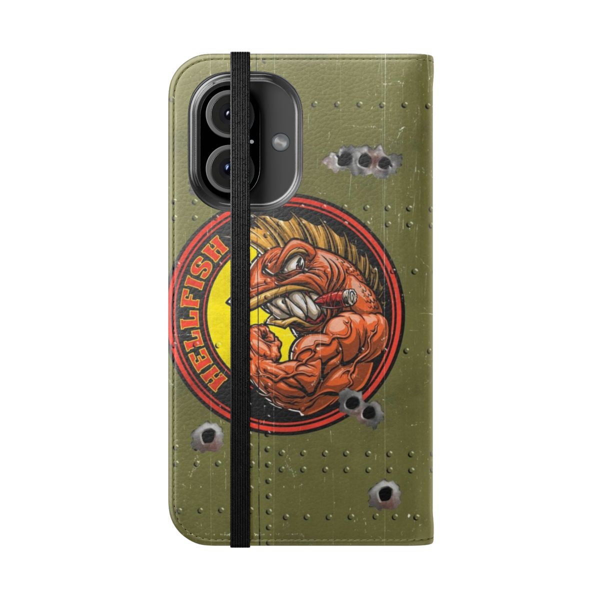 Flip cover phone case featuring the "The Flying Hellfish" design from the animated TV show. - Folded Front