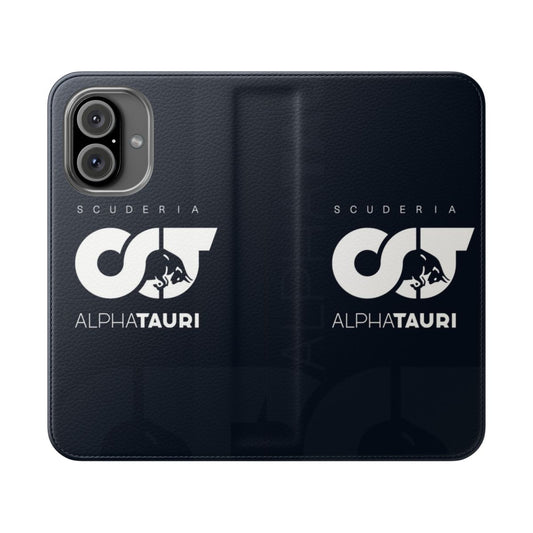 Premium flip cover phone case featuring the Alpha Tauri F1 team logo and colors