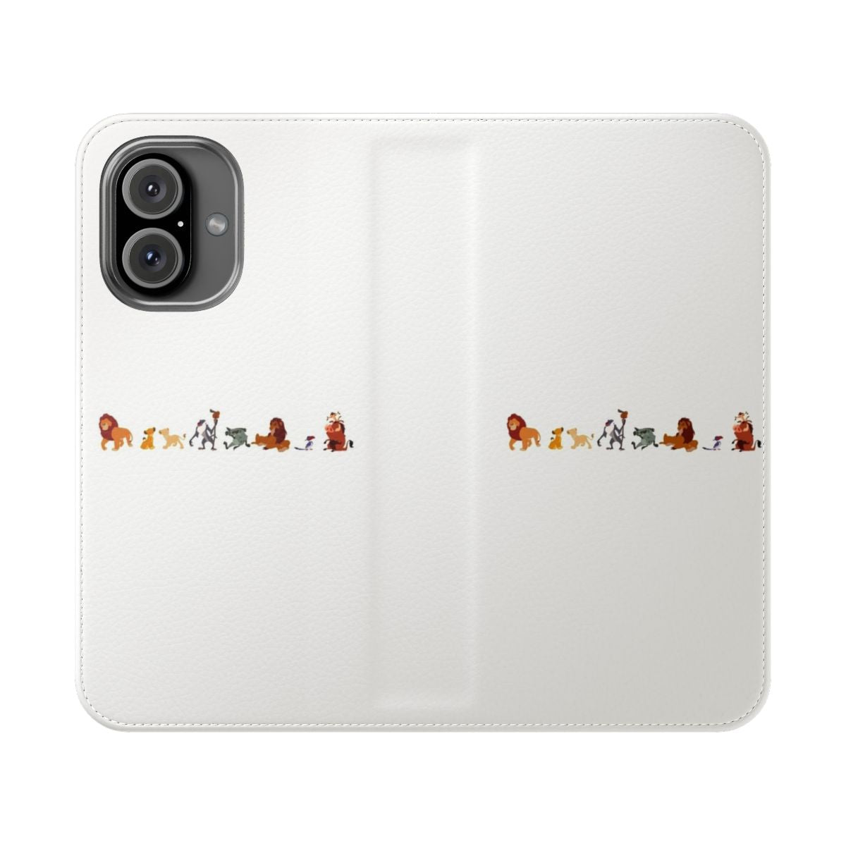 Flip cover phone case with illustration of Disney's The Lion King characters including Simba, Scar, Mufasa, Timon, Pumbaa, and Zazu.