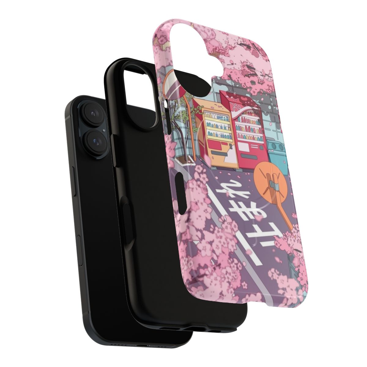 A beautiful phone case featuring a vibrant sakura tree blossom on a Japanese street scene. - Layers