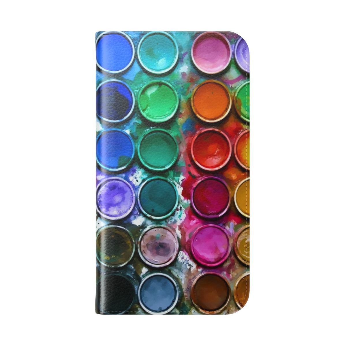 Colorful abstract paint box design on a flip phone case cover - Folded Back