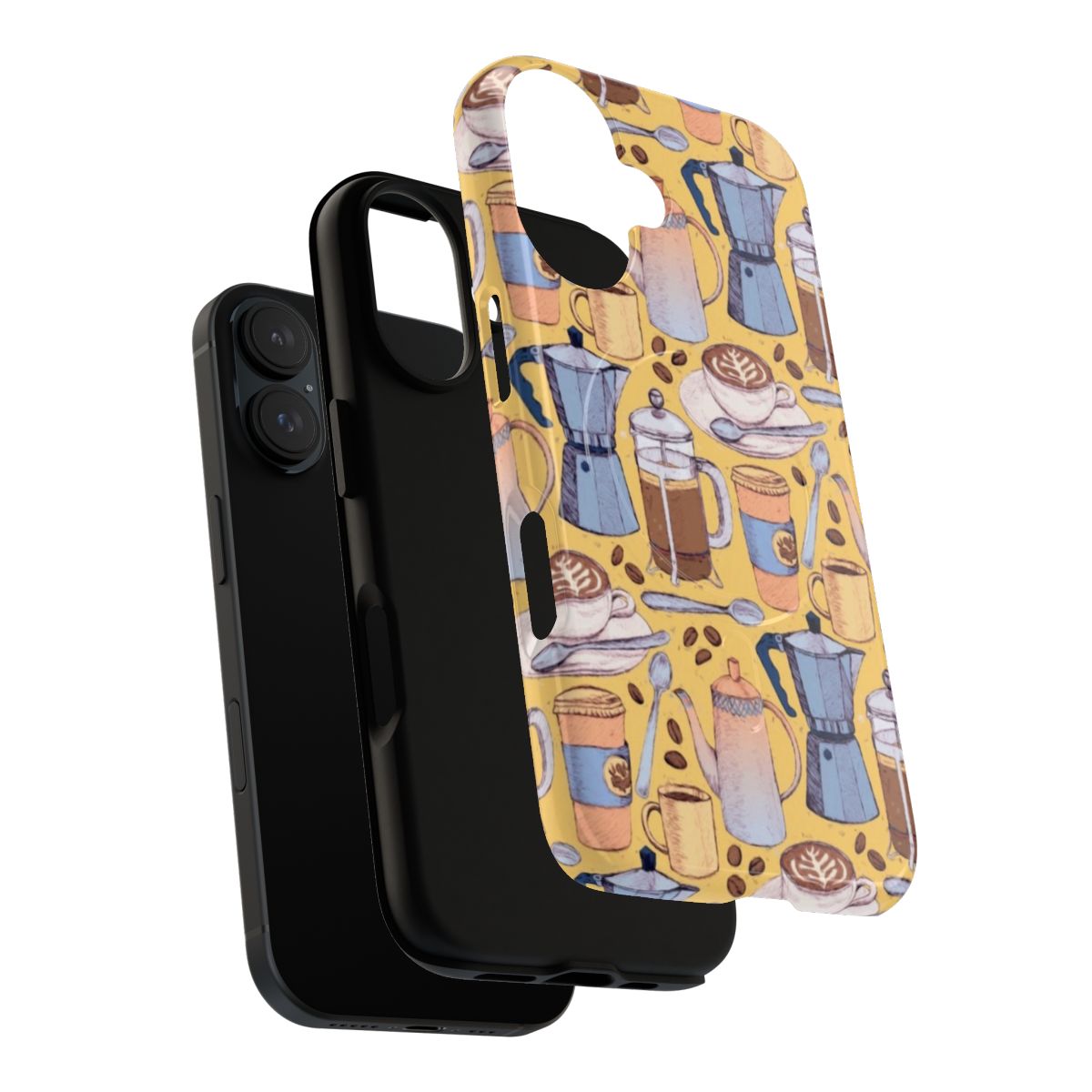 Vibrant yellow and blue phone case with a coffee-themed design by artist Micklyn Le Feuvre - Layers