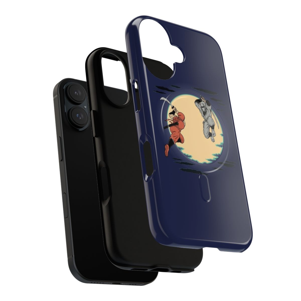 Magnetic tough phone case with a navy blue design featuring ninjas, the moon, and clouds - perfect for retro gaming fans. - Layers