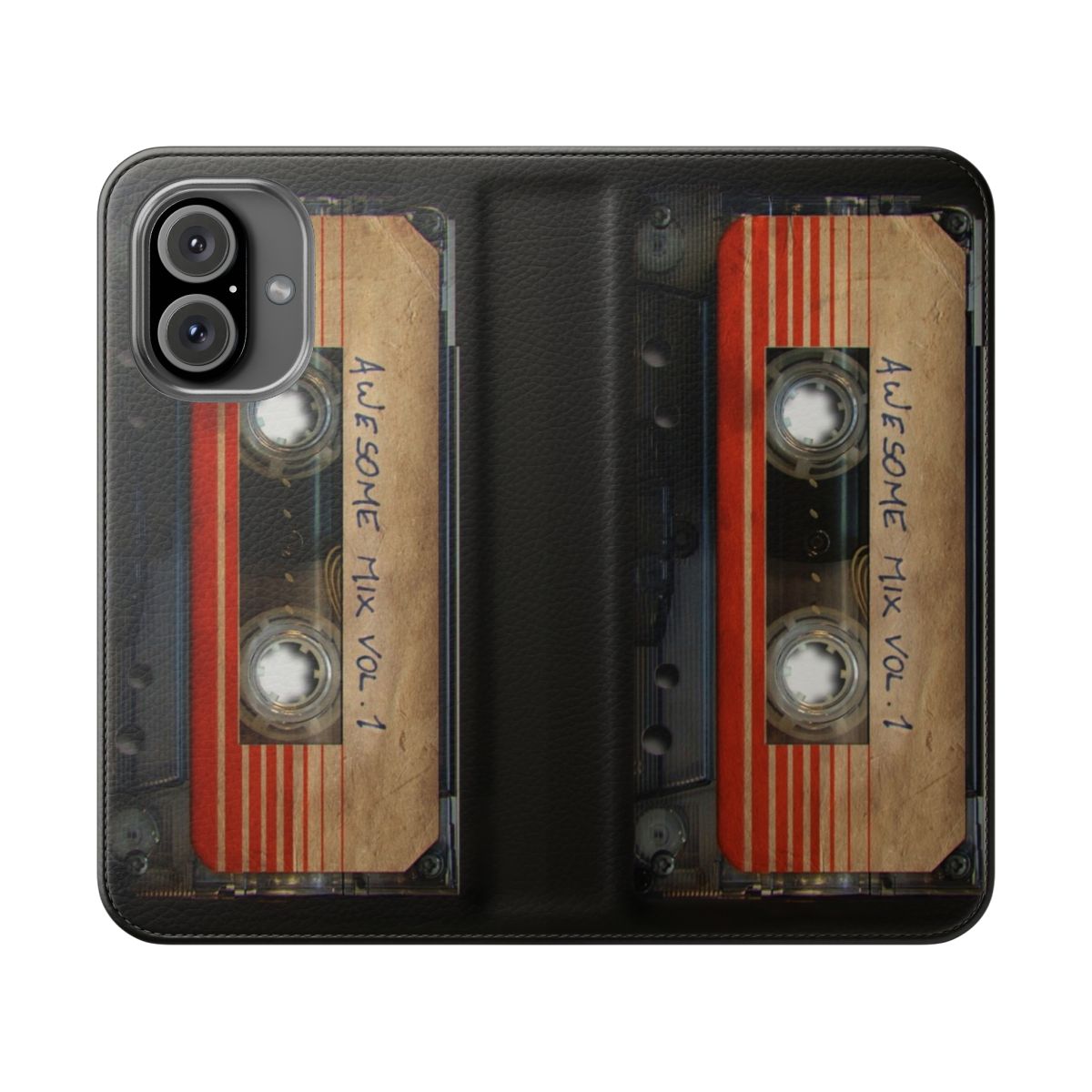 Retro-styled flip cover phone case with Guardians of the Galaxy "Awesome Mix" cassette tape design