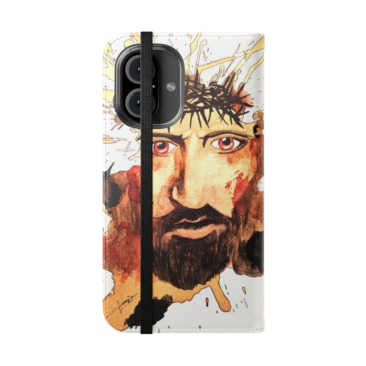 A flip phone case featuring an original abstract design with coffee stain patterns and religious lineart imagery. - Folded Front