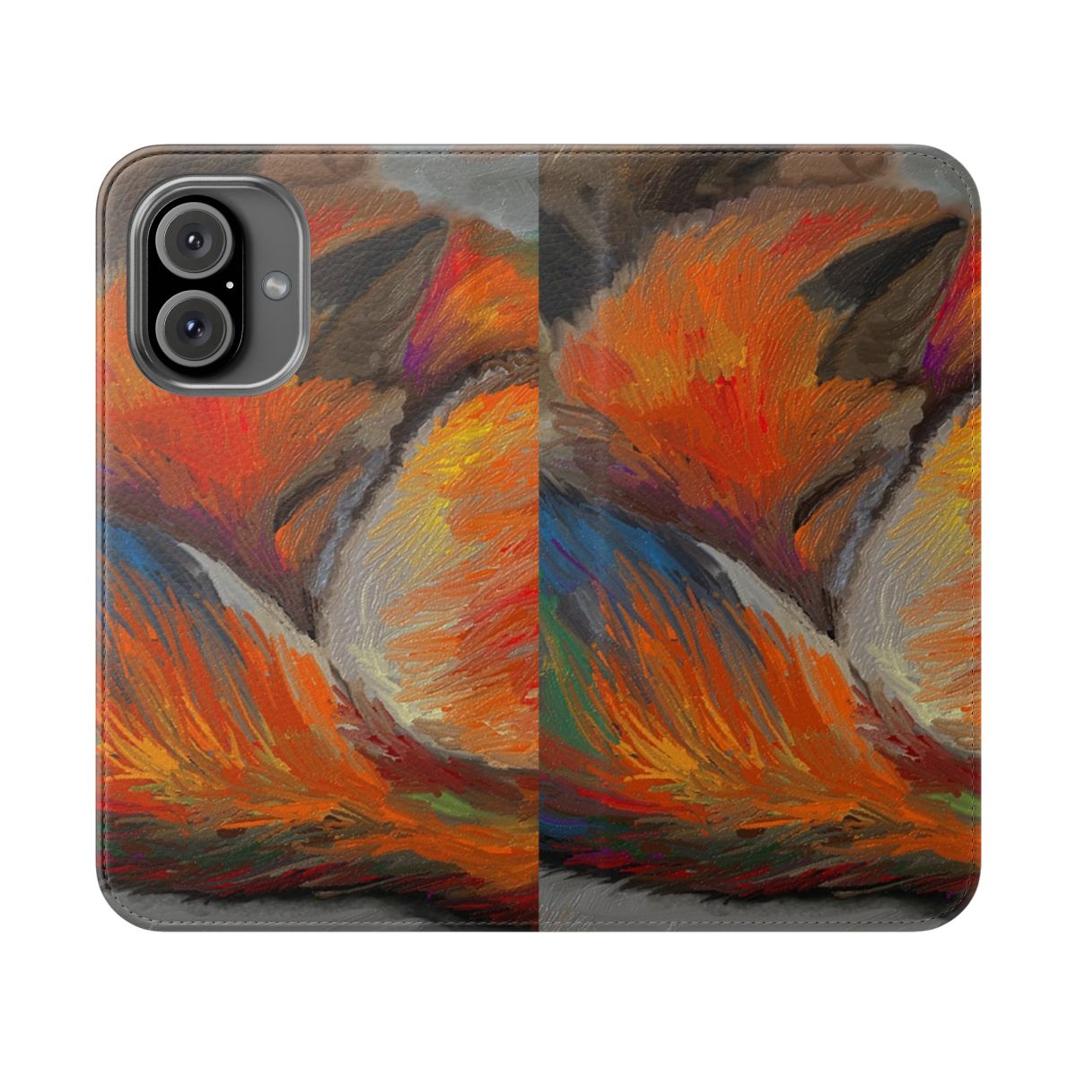 Artistic phone case featuring a painting of a sleeping fox in an orange and brown color palette.