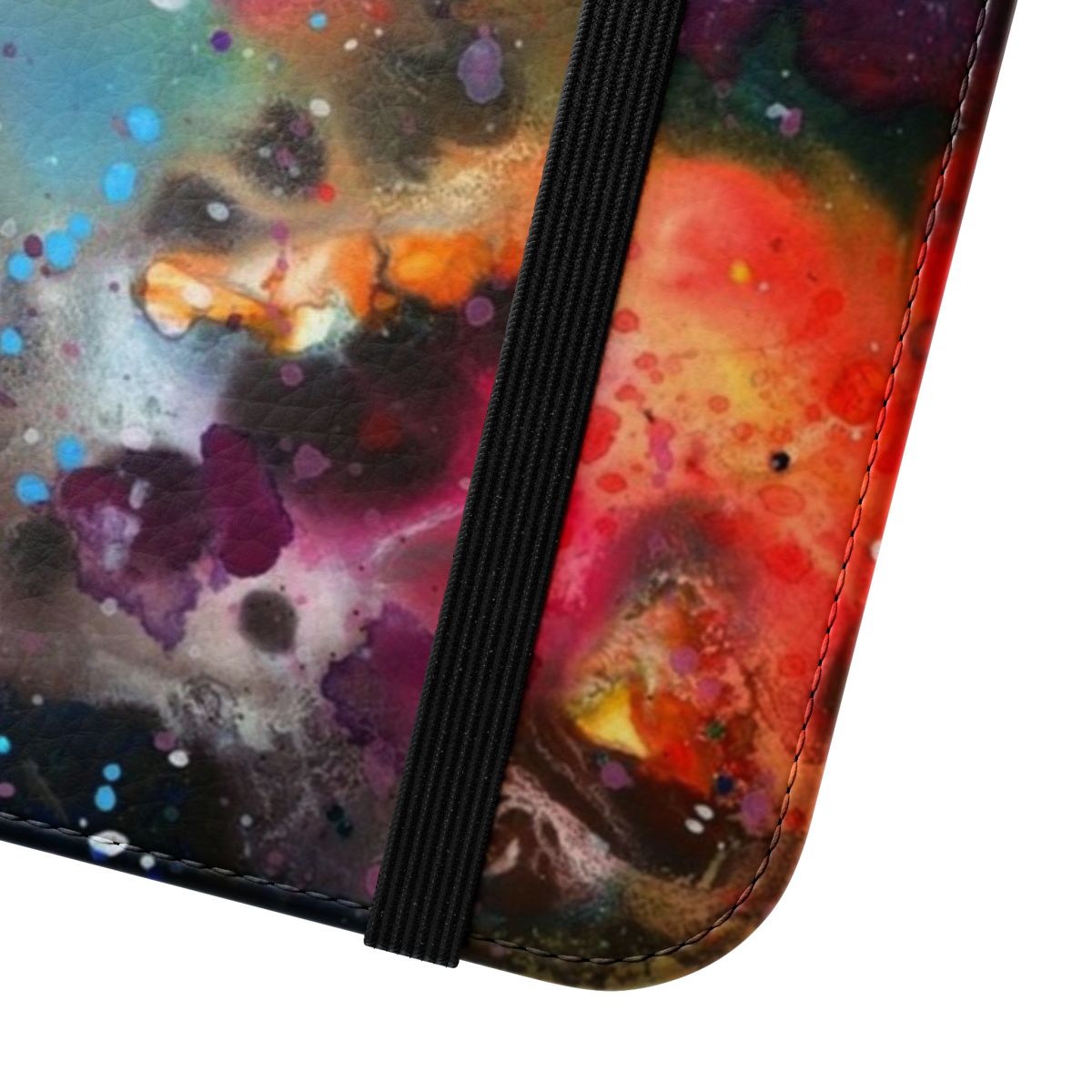 Colorful galaxy nebula pattern with glitter and abstract fluid shapes on a phone case. - Close Up