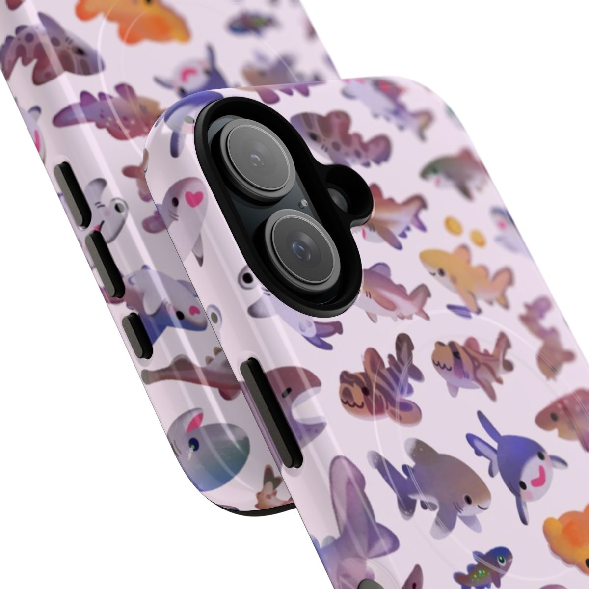 Magnetic phone case with a tough design featuring various shark species - Detail