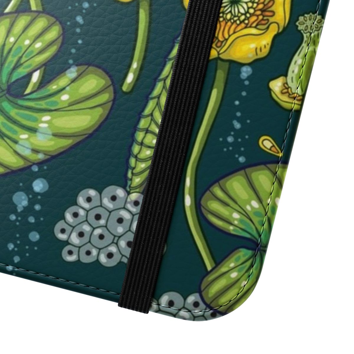 Flip cover phone case featuring a serene river scene with water lilies, tadpoles, and other aquatic life. - Close Up