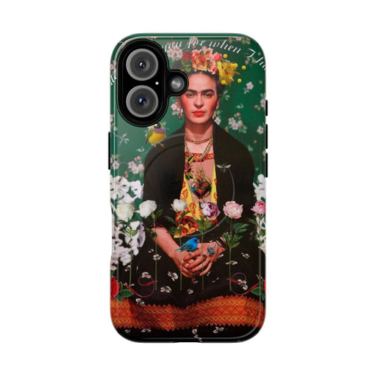 Vibrant floral and bird-themed phone case featuring Frida Kahlo's iconic image