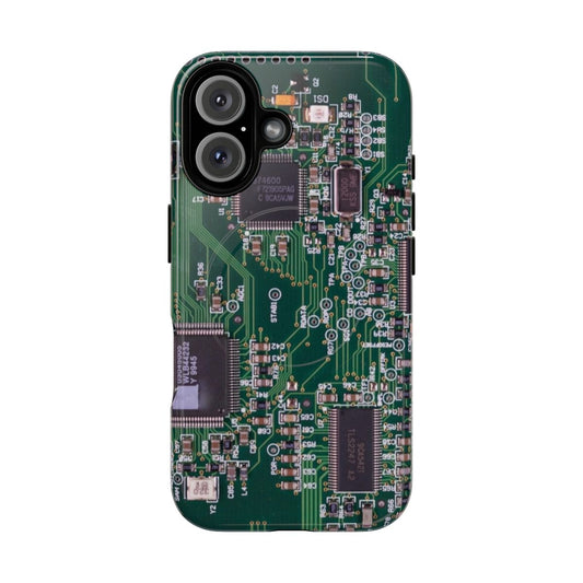 Closeup of a circuit board-patterned magnetic phone case