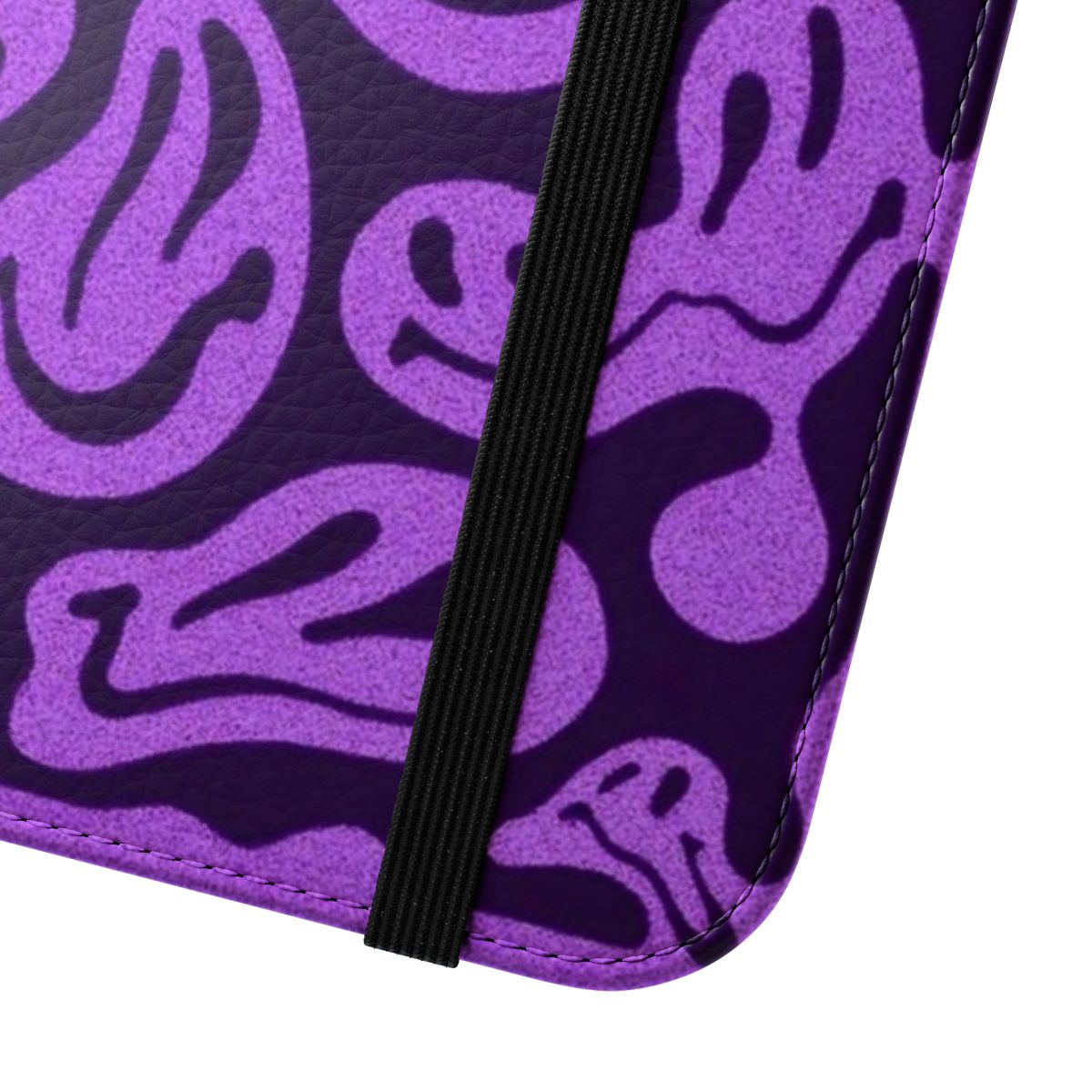 A vibrant, psychedelic-inspired phone case featuring a purple melted smiley face pattern design. - Close Up