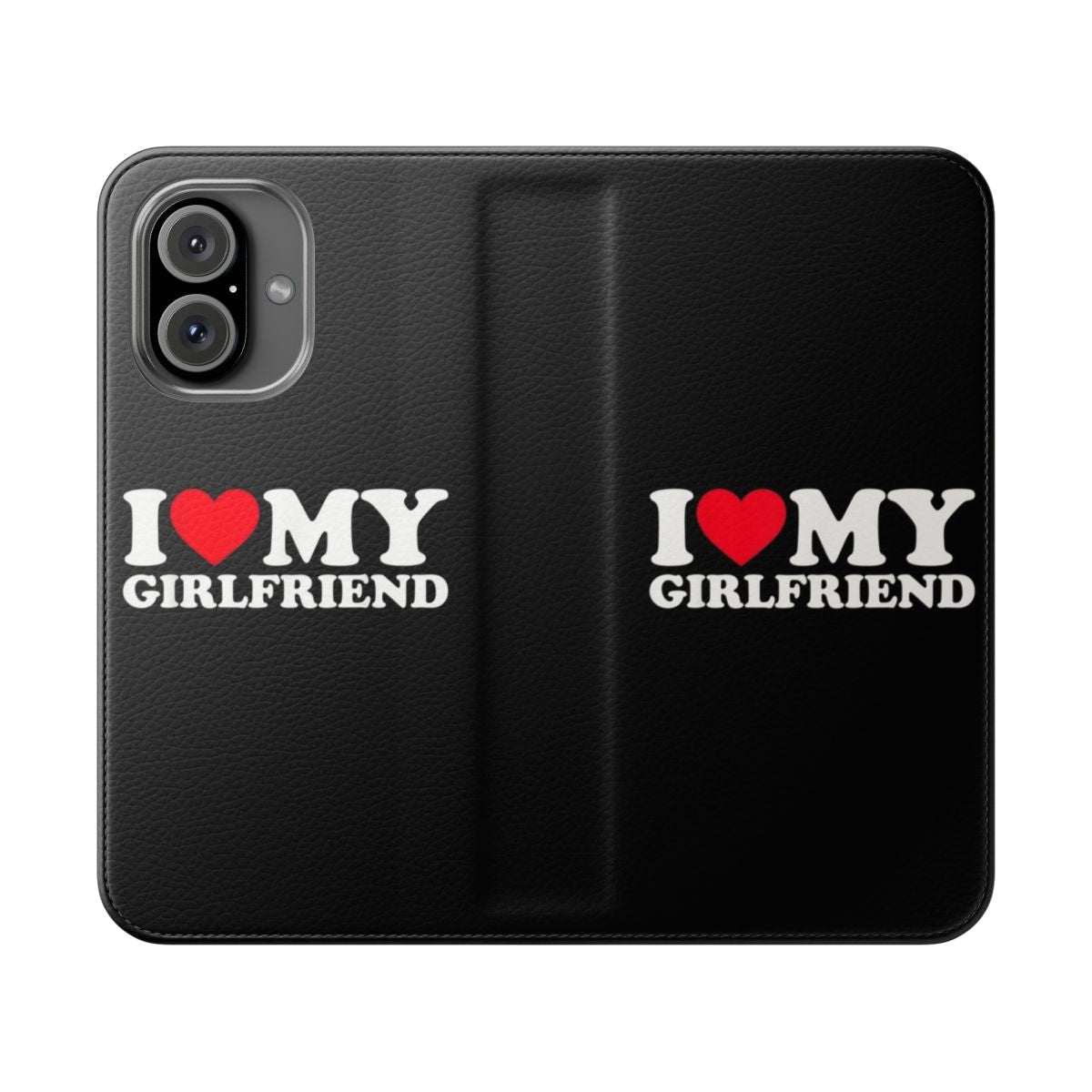 Customized flip cover phone case featuring a design that says "I Love My Girlfriend" or "I Heart My Girlfriend"