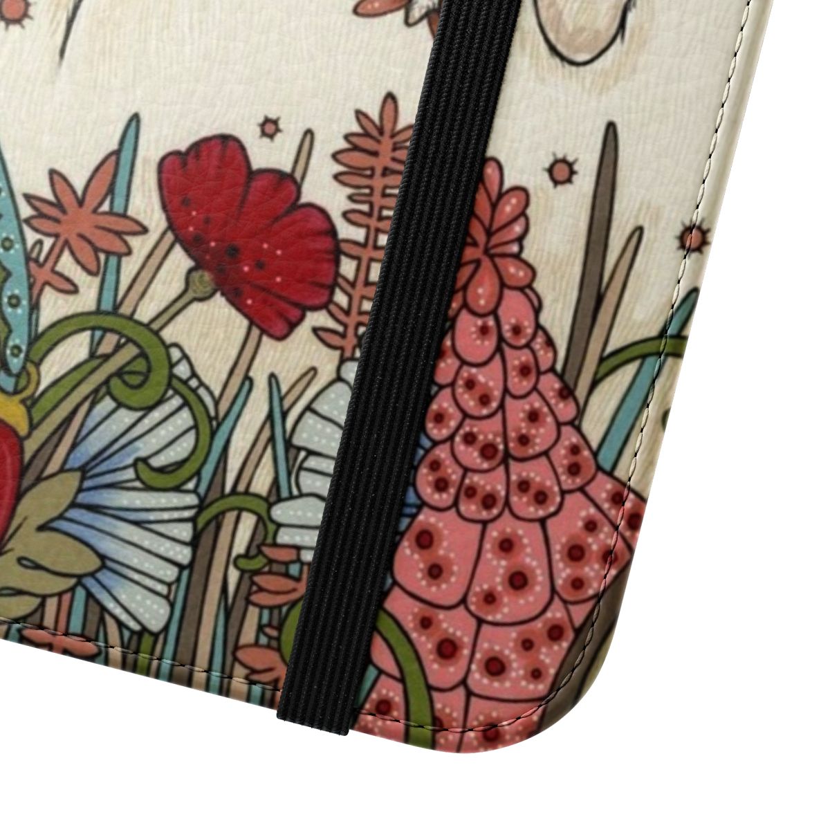 Flip cover phone case with a vibrant poppy and ladybug design - Close Up