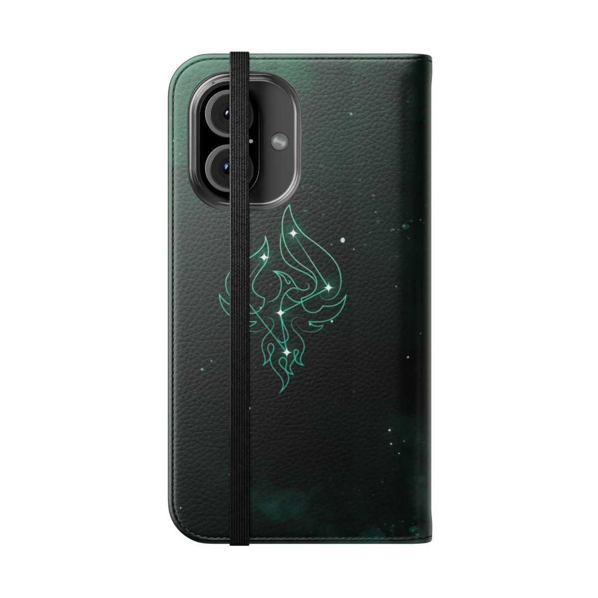 A phone case featuring the character Xiao from the popular game Genshin Impact, with his constellation design. - Folded Front