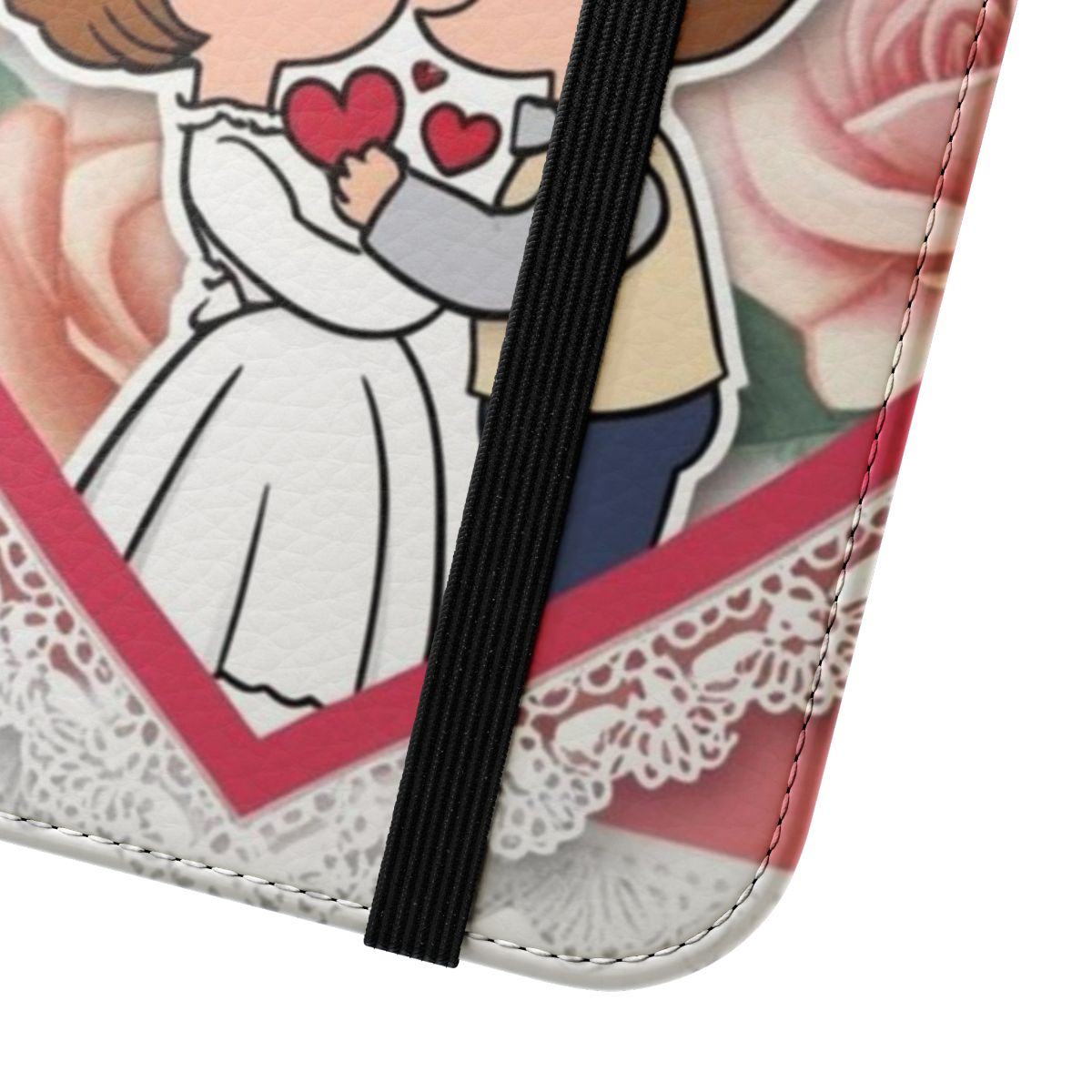 A stylish flip cover phone case featuring a romantic floral design, perfect for Valentine's Day. - Close Up