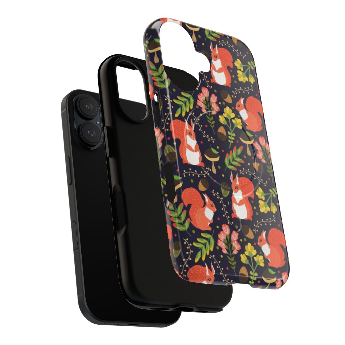 A colorful phone case featuring a cute, cartoon-style squirrel design surrounded by flowers and leaves. - Layers