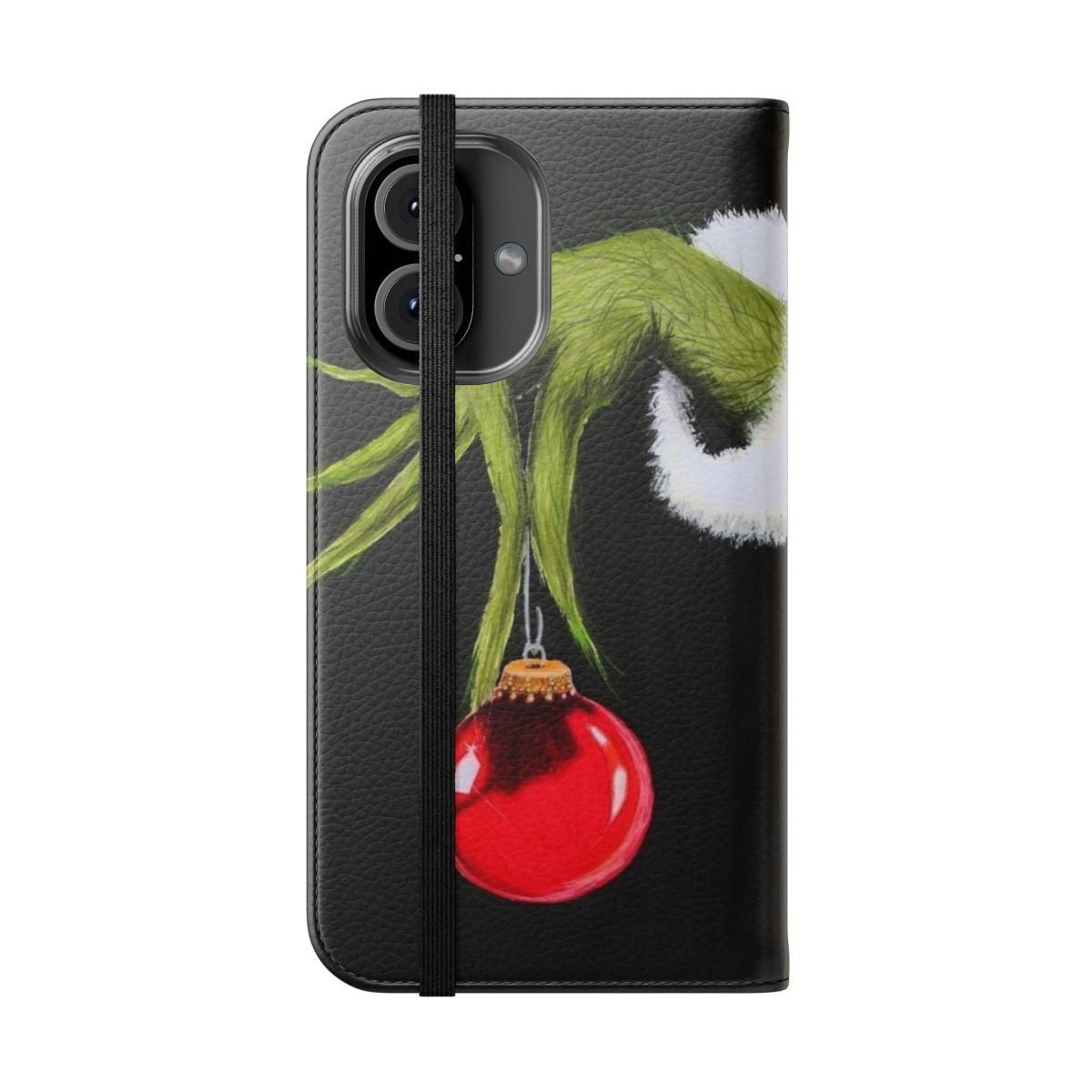 A flip cover phone case featuring a whimsical Grinch-inspired design, perfect for the holiday season. - Folded Front