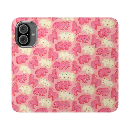 Closeup of a pink phone case with a frosted animal cookies pattern in a vintage, retro style.