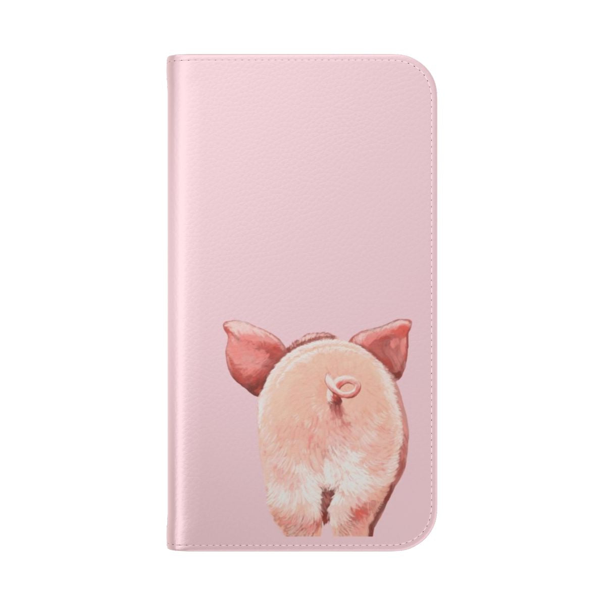 A pink phone case featuring a cute and adorable piglet with a big nose and curly tail. - Folded Back