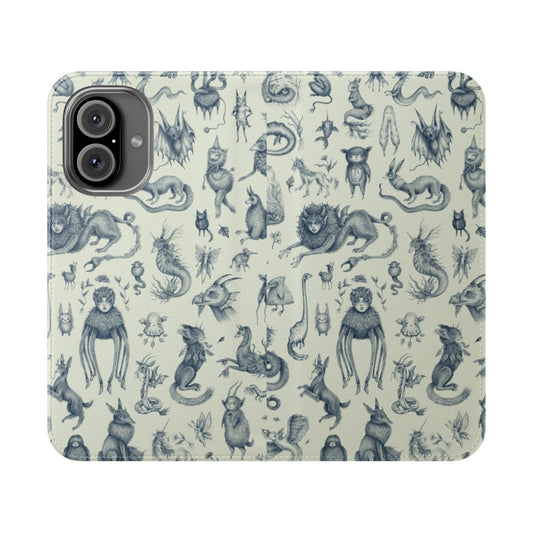 A colorful and whimsical phone case featuring illustrations of various mythical creatures and monsters in a pastel-toned, enchanted pattern.