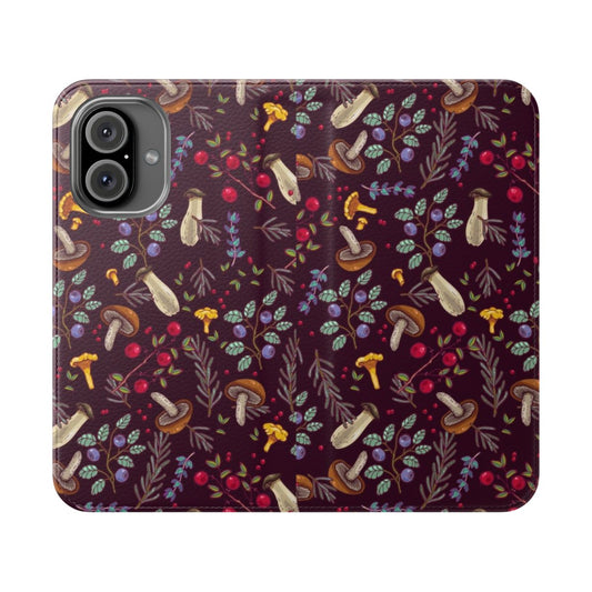 Flip cover phone case featuring a dreamy forest scene with mushrooms, moss, and botanical elements.