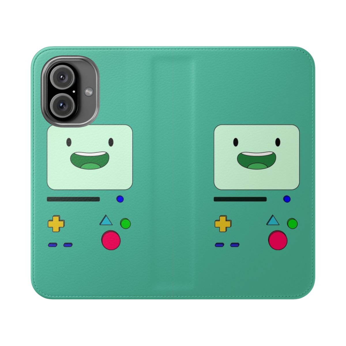 Flip phone case featuring a kawaii, cartoon-style image of the character BMO from the popular animated series Adventure Time waving and sitting