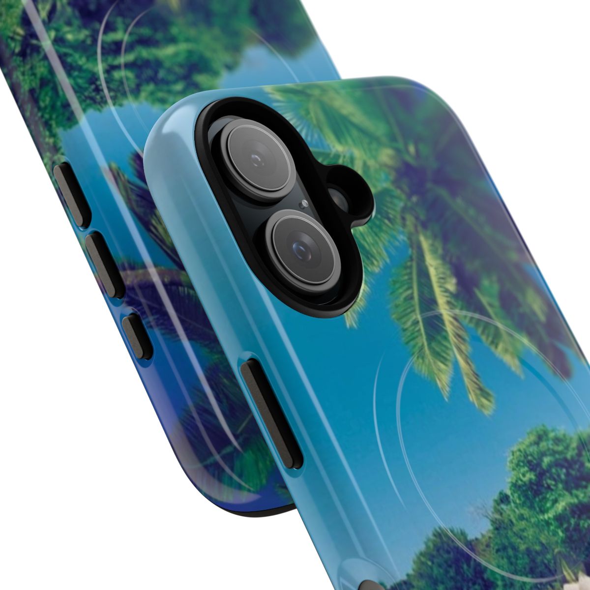 A beautiful phone case featuring a paradisiacal landscape with Caribbean palm trees and a vibrant blue sky. - Detail