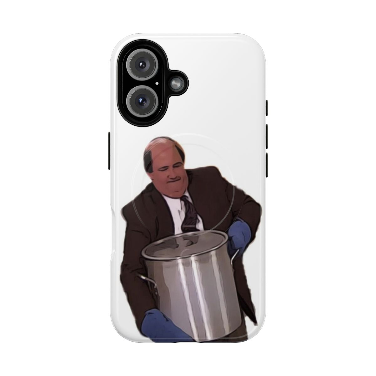 Cartoon illustration of Kevin Malone from The Office US holding a bowl of chili on a phone case