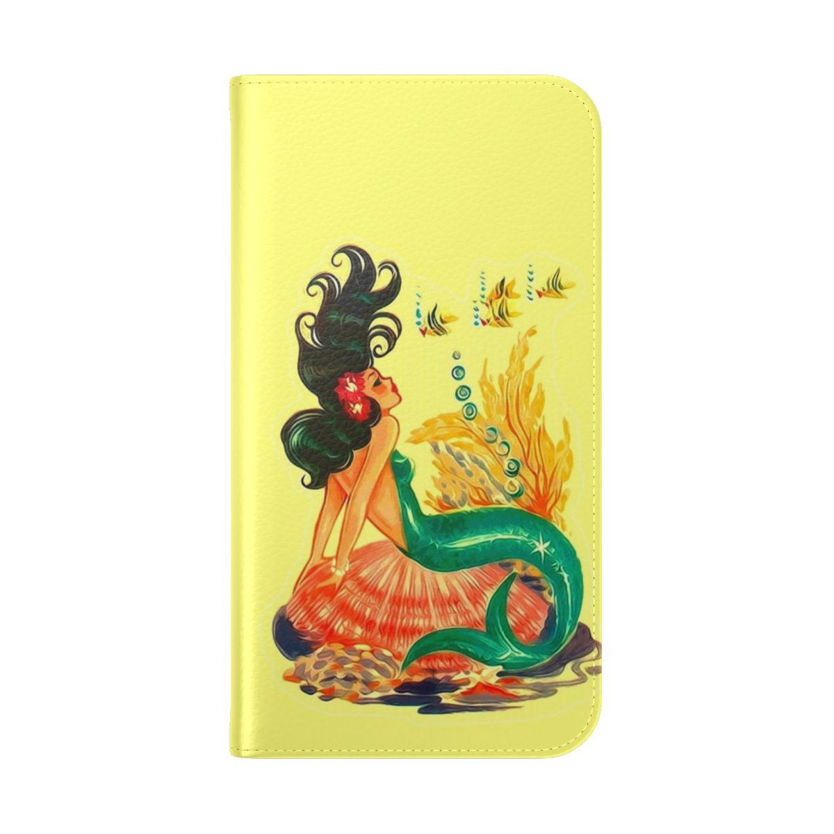 Colorful mermaid-themed phone case with a psychedelic, tiki-inspired design - Folded Back