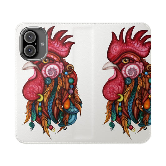 Tribal-patterned flip phone case cover with a rooster design