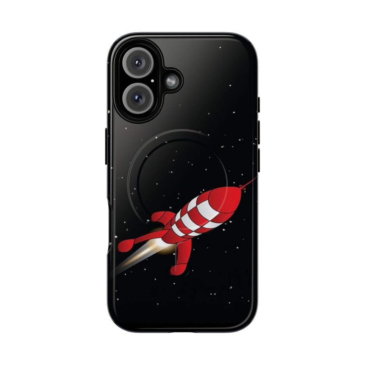 Retro rocket-themed phone case with Tintin-inspired graphics